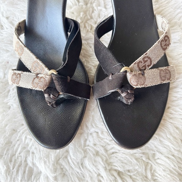 Gucci GG Monogram Canvas Suede Kitten Heels Sandals Size 7.5 Brown Beige - Picture 5 of 14